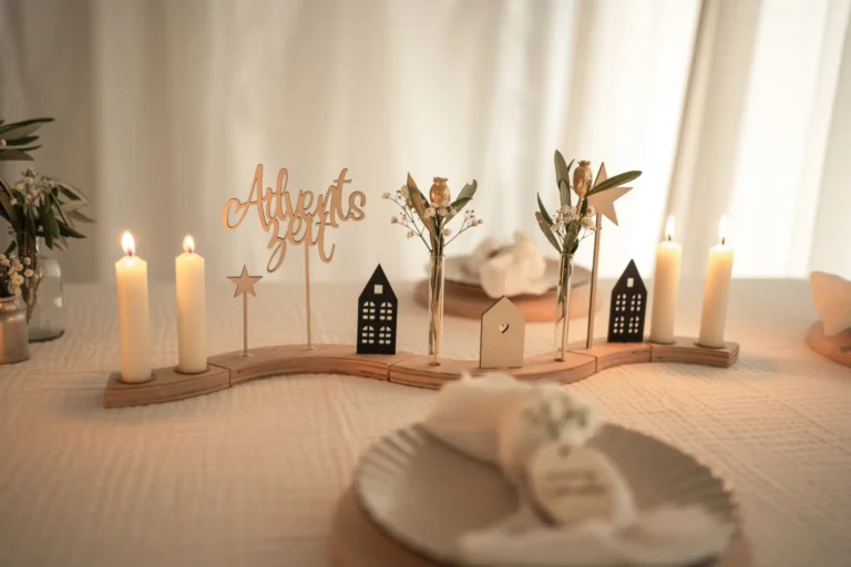 Adventskranz für Stabkerzen – moderne Holzplatte mit minimalistischer Deko und vier cremefarbenen Kerzen.