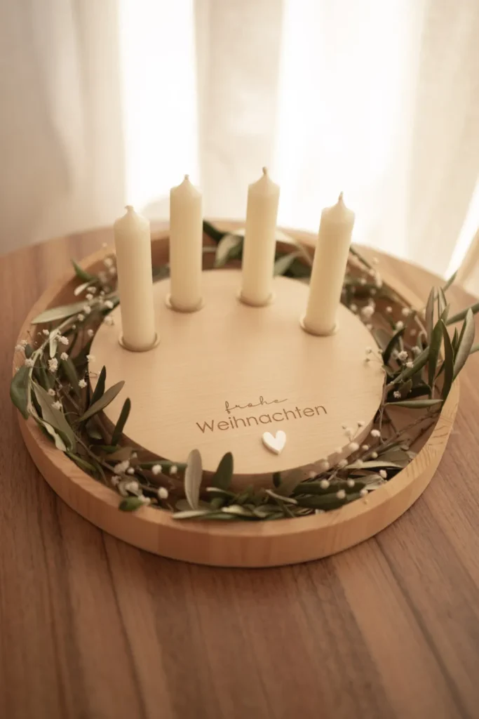 Dekorativer Holzkranz für Stabkerzen – Adventskranz im modernen, schlichten Design.
