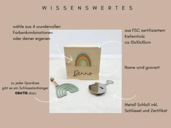 Personalisierte Spardose aus Holz mit Namen und Acryl-Regenbogen – Bild 8